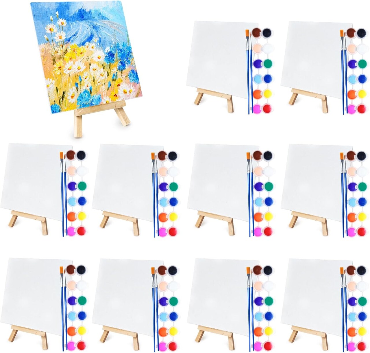 10-Set Mini Acrylic Paint Kit with Easels and Canvases – 60-Piece Painting Set for Kids & Adults, Classroom, Birthday Parties, Art Activities (5.9 x 5.9 Inch Canvases)